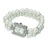 LEORX Frauen Perlen Quarz Armband Wirst sehen zwei Zeile Pearl und Strass verziert Watch (weiß)