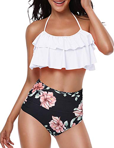 heekpek Conjunto de Bikini Mujer de Cintura Alta Traje de Baño de Dos Piezas Volantes Correas de Espagueti Bañador Plisado Estampado Rayas Ropa de Playa Tallas Grandes