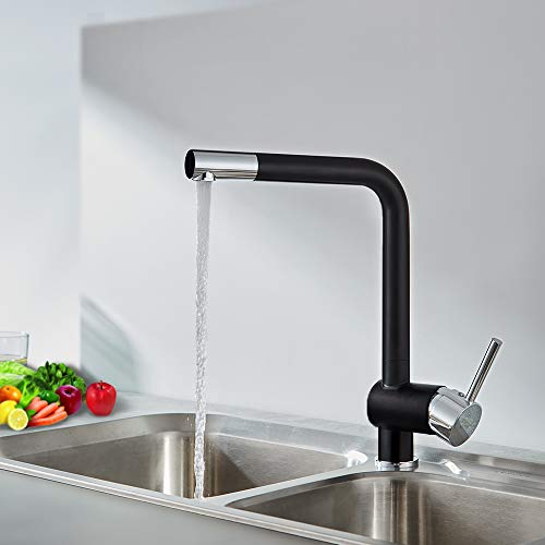 AuraLum Grifo Mezclador 360° con Forma de F, Grifo Monomando Negro, Giratorio de Cocina Frío-Caliente, Fregadero para Cocina y Baño, Cobre