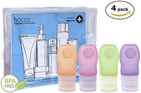 Bocco Leak Proof Squeezable Travel Bottles, Flight Cabin Approved Travel Accessories for Hand Luggage - Perfect for Liquid Toiletries - 4 Pack (All Small 1.25 oz/37 ml Bottles) (Orange/Pink/Purple/Green)