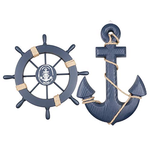 Fangoo 2 Pezzi 28 CM Timone Barca in Legno e 33 CM Ancora in Legno decorazione da spiaggia a tema nautico oggetto decorativo da parete per la casa