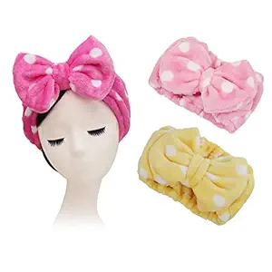 Shintop 3 Pack Flannel Cosmetic Headbands, Bowknot Elastic Hair Band Hairlace for Washing Face Shower Spa Makeup (Pink Polka Dots+ Rose Polka Dots+ Yellow Polka Dots)