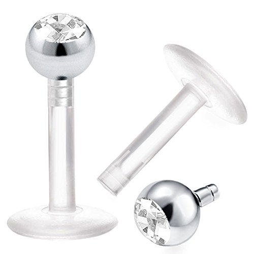 bodyjewelrytrend 2 Stück labret Glitzer Piercing bioflex durchsichtig 1,2mm lippenpiercing lippe Monroe Tragus Helix Ohr labret Stud stecker Set ohrring schmuck AAUN 6MM