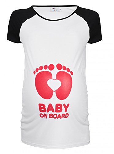 Happy Mama. Woman's Maternity Baby on Board Feet Funny Print T-shirt Top. 575p (White & Fuchsia, UK 16/18)