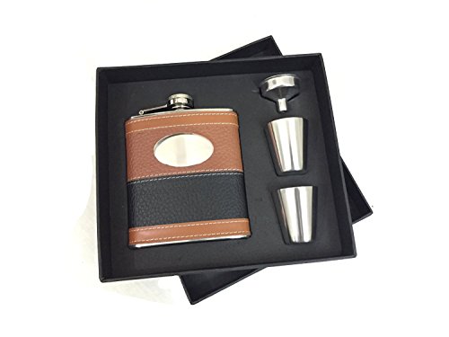 SHOT Fläschchen Geschenk Set mit schwarz & braun Leder Arbeitshemd verpackt Edelstahl 304 Flachmann mit 2 Shot Glas & 1 Fläschchen Trichter