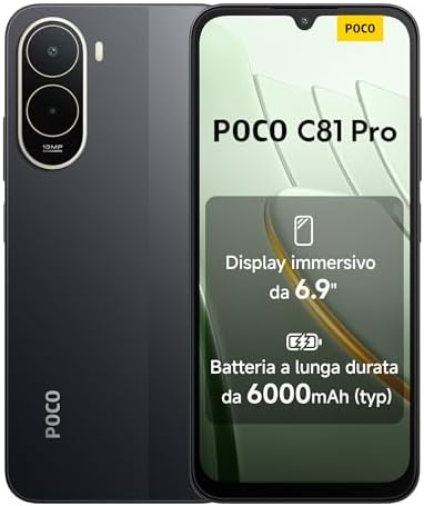 POCO C81 Pro Smartphone 4+128GB, Batteria da 6000mAh(typ), Display immersivo 6,9" con refresh rate 120Hz, Fotocamera AI doppia da 13MP, Design elegante e raffinato, Nero, Garanzia 2 anni+1 anno extra
