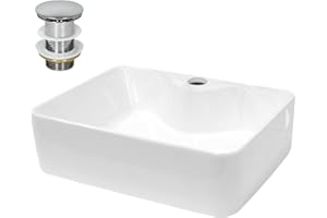 ECD Germany Lavabo Salle de Bain - 480 x 380 mm - en Céramique - Carré - Blanc - Lave-Mains Évier - Lavabo Vasque à Poser sur Meuble - Design Moderne - avec Kit de Vidange sans Trop-Plein