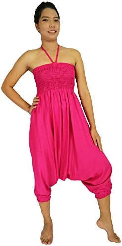 Miss Arika Rosina's Women Harem Smocked Waist 2 Types Jumpsuit Trousers (Pink)