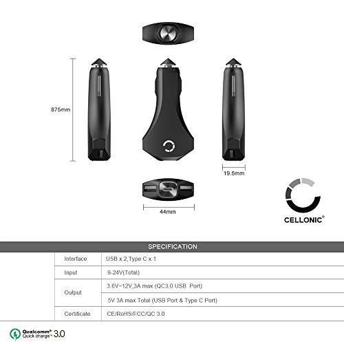 KFZ-Ladegerät USB-C, Quick Charge 3.0 (CELLONIC® Luxury Line) 3 Anschlüsse (USB-C, USB-A), Schnellladegerät, Auto Ladekabel, QC 3.0, Smart Charging, 2 x 3.0A / 5V – 12V Qualcomm für Smartphone / Tablet (Samsung Galaxy S7 S6 Edge Plus, Tab 7.0 8.0 8.4 10.1, Note, Apple iPhone 6 6S 7 7S, iPad HTC, Microsoft Nokia Lumia, Huawei Mate etc.), USB-C - 6
