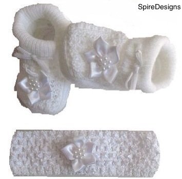 Baby Girls White Flower Christening Socks Booties & Crochet Heaband - In Gift Bag- 0-3 Months