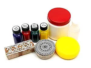 PRANSUNITA Complete Block & Screen Printing Kit, Includes Pigment Acryamine dye- 4 No?s, Binder 250 ml, Acrafixer, Blocks ? 2 no?s & Round Foam