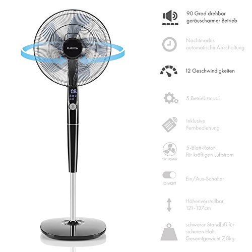Klarstein • Silent Storm • Ventilator • Standventilator • mit Fernbedienung • leise • 5-Blatt-Rotor • 16″ (41cm) Durchmesser • 5 Betriebsmodi • Drehregler • energiesparend • 35 Watt • 12 Geschwindigkeiten • 12 Stunden-Timer • stabiler Fuß • schwarz - 5