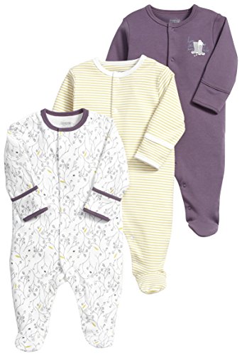 Mamas & Papas Baby-Girls Mamas And Papas 3 Pack Little Bunny All In One Long Sleeve Set of 3 Footies, Purple, 3-6 Months