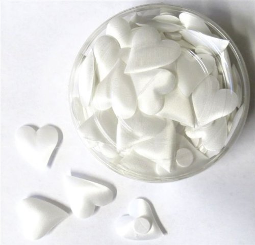 100 weiße Herzen glänzender Satin-Stoff mit Klebepunkt in runder Box
