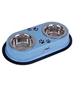 Dog Cat Food Bowls Feeder Double Diner Stainless Steel Pet Bowl Anti Slip Mat 2 X 200 ML-Color May Vary.