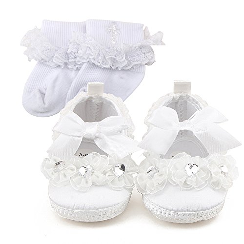 DELEBAO Scarpe Battesimo Bimba Scarpe da Culla Neonato Bianco Primi Passi Scarpe Neonata Ballerine Pantofole Morbide Bimba (Scarpe&Calzini,6-9 Mesi)