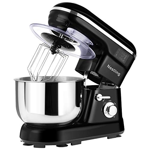 Nestling® 5L Robot Pâtissier, 1200W Faible Bruit Batteur Électrique, 3 en 1 avec Batteur, Fouet and Crochet, 5 Vitesses, avec Bol D'Acier inox Robot Multifonctionne (Noir)