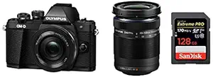 Olympus OM-D E-M10 Mark III Mirrorless Micro Four Thirds DSLR Camera with 14-42 EZ and 40-150 Twin Lens Kit (Black) (Black) + SanDisk 128GB Extreme Pro SDXC UHS-I Card - C10, U3, V30, 4K UHD, SD Card