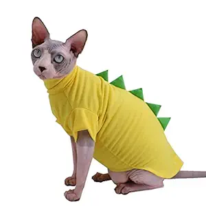 Dinosaur Design Sphynx Hairless Cat Clothes Cute Breathable Summer Cotton Shirts Cat Costume Pet Clothes,Round Collar Kitten T-Shirts with Sleeves, Cats & Small Dogs Apparel (S (2-3.5 lbs), Yellow)