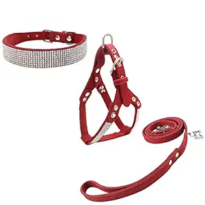 Newtensina Dog Collar & Harness & Lead Sets Fashion Dog Collar Diamante with Harness & Leashes Comfortable Soft Collar Harness and Leashes Set for Dog - Red - XS