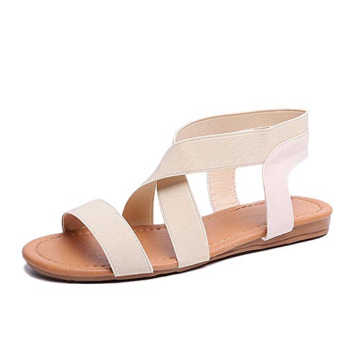 ZOEREA Mujer Sandalias Planas de Verano Comodidad Elegante Cruzada Punta Abierta Tobillo Banda Elástica Zapatos de Playa Casuales para Damas