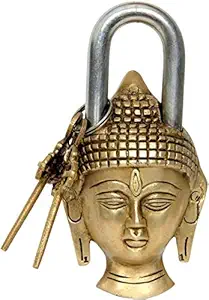 Brass Blessing Home - Garden Padlock - Lock with Keys - Working - Made - Type : (Lord Buddha - Brass Finish) Golden