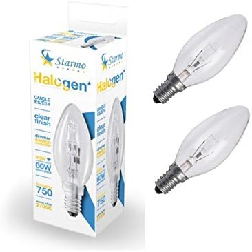 2 x Starmo 48w = 60w ES/E14 Candle Long Life Clear Eco Halogen Light Bulbs Dimmable Energy Saving 750 Lumens