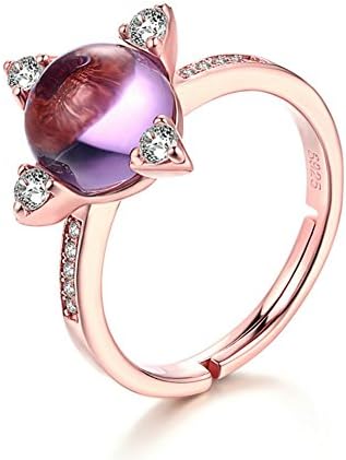 ORKST 925 Silver, Rose Gold Plated Natural Gemstone Amethyst Ring Round Elegant Women's Engagement Ring, Adjustable Opening Ring