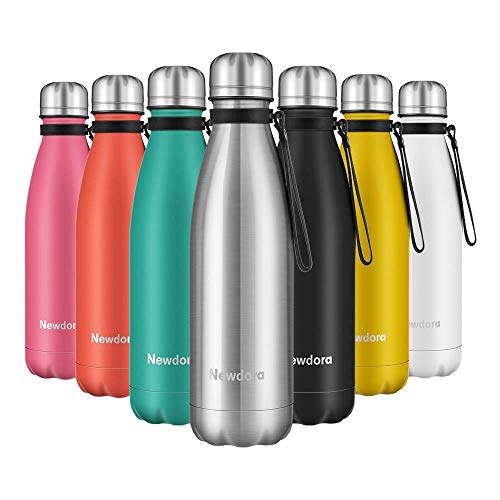 Newdora Bottiglia Acqua in Acciaio Inox 500ml, Senza BPA, Borraccia Termica Isolamento Sottovuoto a Doppia Parete, per Campeggio di Sport Esterni Escursionismo Escursioni in Bicicletta, Argento