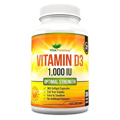 Vitamin D 1,000 IU, Optimal Strength Vitamin D3 Supplement, 365 Easy to Swallow Softgels - Full Year Supply