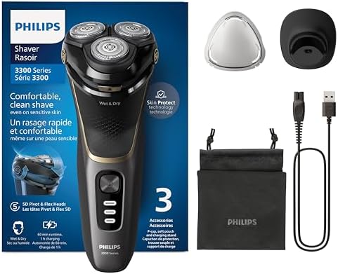 Philips rasoio elettrico serie 3000 - Rasoio elettrico Wet&Dry per uomo, tecnologia SkinProtect, colore Deep Black, rifinitore a scomparsa, supporto di ricarica, astuccio da viaggio (modello S3342/13)