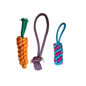 W9 Combo of 3 Durable Pet Teeth Cleaning Chewing Biting Knotted Small Puppy Toys -100% Natural & Safe Cotton