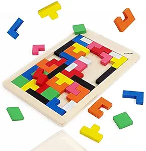 PLUSPOINT Brain TeasersWooden Puzzles Brain Teasers Toy Russian Tangram Colorful Jigsaw Game Wood Puzzles Montessori Intelligence STEM Educational Gift for Baby Toddlers Kids 3 4 5 6 7 Years Old Boys Girls 40 Pcs (Wodden Tetris)