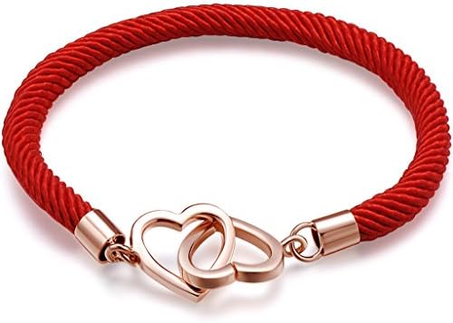 Infinite U Fashion Rose Gold Interlocking Hearts Women Girls Charm Bracelet 925 Sterling Silver Red Rope Chain with Heart Clasp