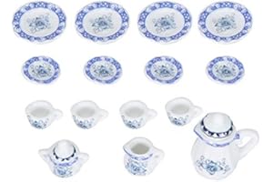 ZERODIS Set da tè per casa delle Bambole, 1:12 15PCS Simulazione Set di Tazze da tè con Fiori in Porcellana in Miniatura Teiera Tazze da tè Piatti Modello Giocattolo per Giardini delle Fate(Blu e Bianco)