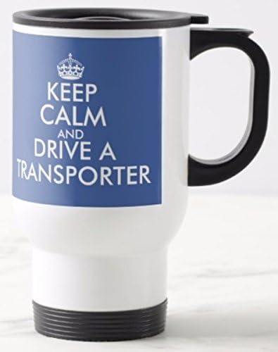 Novelty TRAVEL MUG ≈ KEEP CALM AND DRIVE A TRANSPORTER ≈ A great gift for any classic or modern VW Volkswagen Transporter Van or Car Transporter owner enthusiast driver or restorer ≈ This white coated stainless steel thermal lined 14oz commuter mug is ideal for any tea or coffee drinker and perfect for mothers or fathers day birthday or christmas - fun keep calm and carry on style travel commuter mug mugs cup cups gift gifts present presents