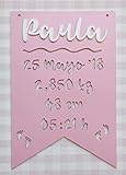  Placa decorativa infantil de madera en forma de banderín personalizada con el nombre y datos de nacimiento bebé infantil, regalo recién nacido niño y niña para decoración habitación