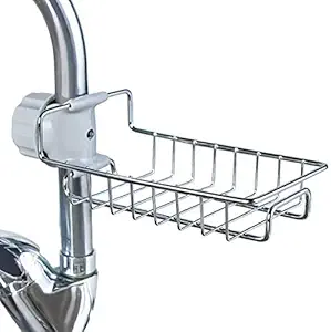 PUJI Kitchen Sink Caddy Organizer Over Faucet Sponge Holder, Stainless Steel Heavy Duty Thickening Hanging Faucet Drain Rack for Scrubbers, Soap, Bathroom, Detachable No Suction Cup or Magnet