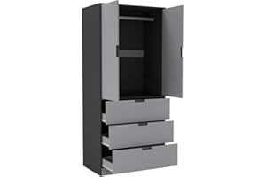URBNLIVING Modern 2 Door Wardrobe with 3 Drawers & Hanging Rail, Stylish Freestanding Storage, Spacious Interior, Durable Chipboard Build, Easy to Assemble Bedroom Furniture