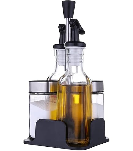 Menage 5 Pezzi In Acciaio Inox 18/0 Con Inserti In Vetro - Olio, Aceto, Sale, Pepe E Stuzzicadenti