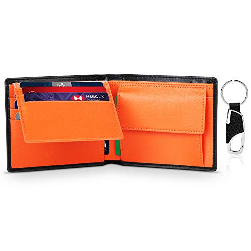 TEEHON Portefeuille Homme en Cuir Porte-Monnaie avec Blocage RFID/NFC 9 Porte-Carte de Crédit (fenêtre ID), 2 Compartiment à Billets, 1 Poche à Monnaie, 1 Porte-clés, 1 Boîte Cadeau -Noir Orange