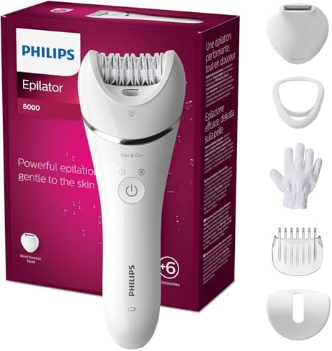 Philips Epilator Series 8000, dispositivo di epilazione Wet & Dry cordless per gambe e corpo con 6 accessori, rifinitore ed esfoliante corpo, modello BRE715/00
