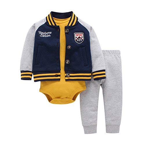 Chic-Chic Ensemble Garçon Fille Bébé 3pc Blouson Base-Ball+ Barboteuse + Pantalons Sport Pull Longues Manches Haut Sweat-Shirt Printemps (18-24mois, Bleu foncé)