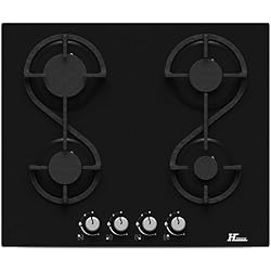 Hudson Table Plaque de Cuisson 4 feux Gaz - HTG 4 VN - à encaster - Design moderne Verre Noir - très haute résistance (580 x 510 x 40 mm),