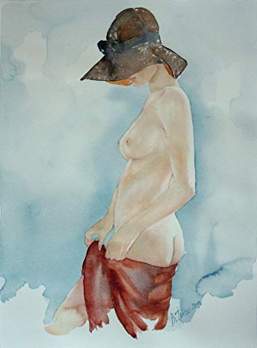 Unbekannt Original Aquarell erotisches Gemälde weiblicher Akt nackte Frau Gemälde Malerei Painting by B. IVKOV handgemalt Kunst Bilder Malerei