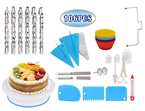 Ever Rich ® 106 pezzi di attrezzi per pasticceria. Kit di decorazione professionale per cupcake. Supporto girevole per giradischi, (106 PCS-CAKE SET)