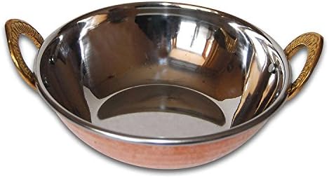 Copper Hammered Steel Large Karahi Vegetable Serveware Bowl with Solid Brass Handle for Indian Cuisine I Chicken Tikka Dishes Serverware (SET OF 2) 6 INCH WIDTH