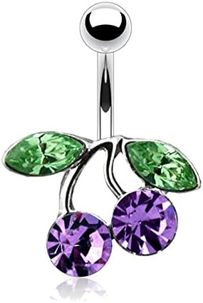 HBJ Unisex Bananabell Belly Button Piercing Cherry Stainless Steel Zirconia Green Tanzanite 1.6mm x 10mm NSC-CHERRY-TZ