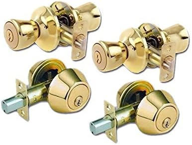 Lion Locks LICO0709 Tulip Style Keyed Alike Door Knob and Deadbolt Set, Polished Brass, by Lion Locks