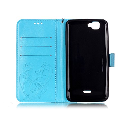 Wiko Rainbow Hülle,Wiko Rainbow 4G Ledertasche Brieftasche im BookStyle,SainCat PU Leder Wallet Case Folio Reliefprägung Schutzhülle Schmetterling Muster Hülle Braun Bumper Handytasche Skin Schale Soft Backcover Handy Tasche Flip Cover Buchstil Klapptasche in Lederoptik mit Standfunktion Karteneinschub und Magnetverschluß Etui Flip Case für Wiko Rainbow 4G (Blau) - 4